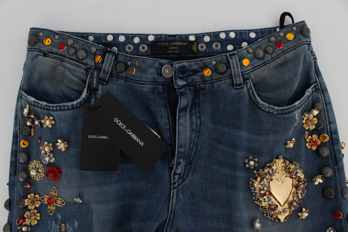 Jeans Dolce &amp; Gabbana con rose di cristallo e cuore decorato