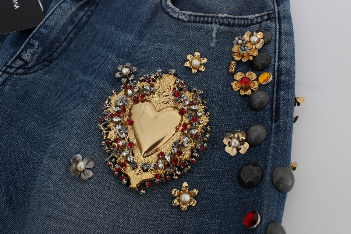 Jeans Dolce &amp; Gabbana con rose di cristallo e cuore decorato