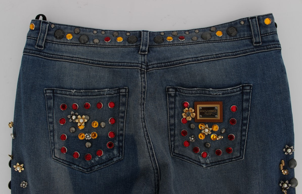 Jeans Dolce &amp; Gabbana con rose di cristallo e cuore decorato