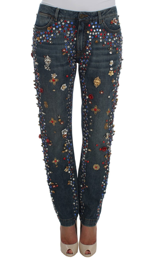 Jeans Dolce &amp; Gabbana con rose di cristallo e cuore decorato