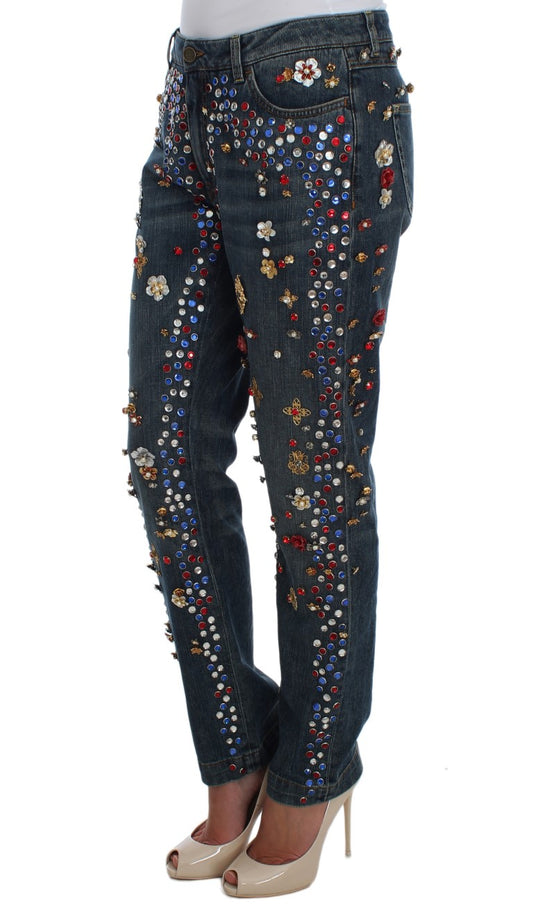 Jeans Dolce &amp; Gabbana con rose di cristallo e cuore decorato