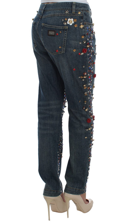 Jeans Dolce &amp; Gabbana con rose di cristallo e cuore decorato