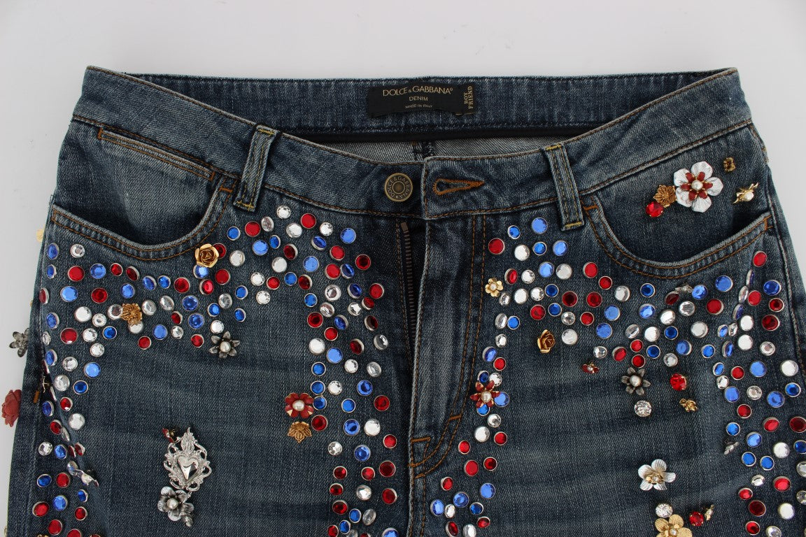 Jeans Dolce &amp; Gabbana con rose di cristallo e cuore decorato