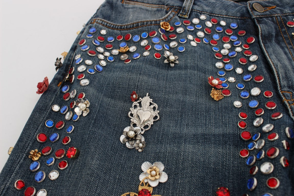 Jeans Dolce &amp; Gabbana con rose di cristallo e cuore decorato