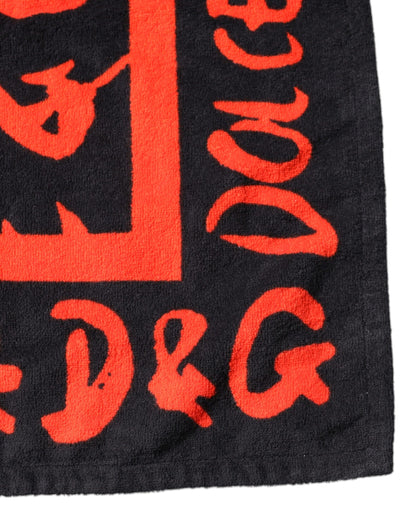 Asciugamano da spiaggia in cotone con stampa logo rosso e nero Dolce &amp; Gabbana