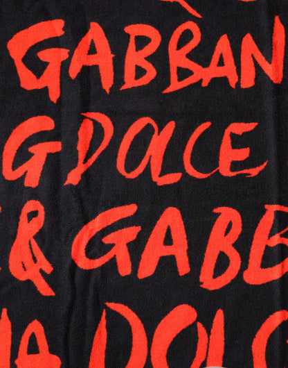 Asciugamano da spiaggia in cotone con stampa logo rosso e nero Dolce &amp; Gabbana