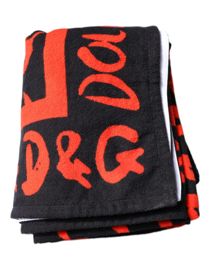 Asciugamano da spiaggia in cotone con stampa logo rosso e nero Dolce &amp; Gabbana