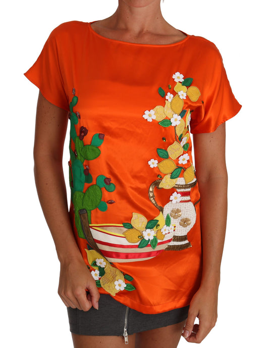 Dolce &amp; Gabbana T-shirt in seta arancione e limone con cristalli