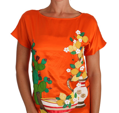 Dolce &amp; Gabbana T-shirt in seta arancione e limone con cristalli