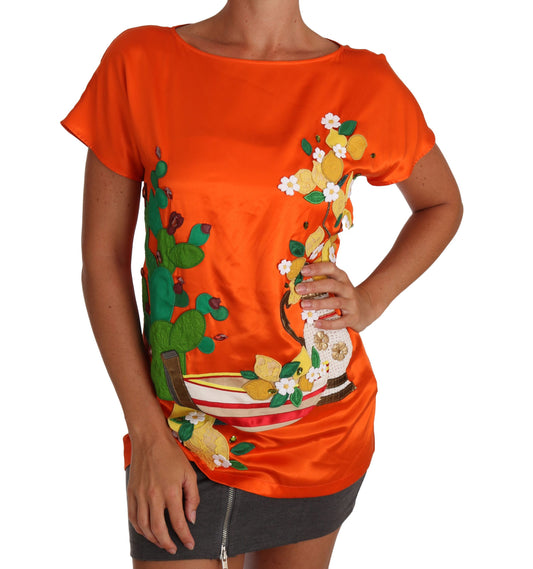 Dolce &amp; Gabbana T-shirt in seta arancione e limone con cristalli