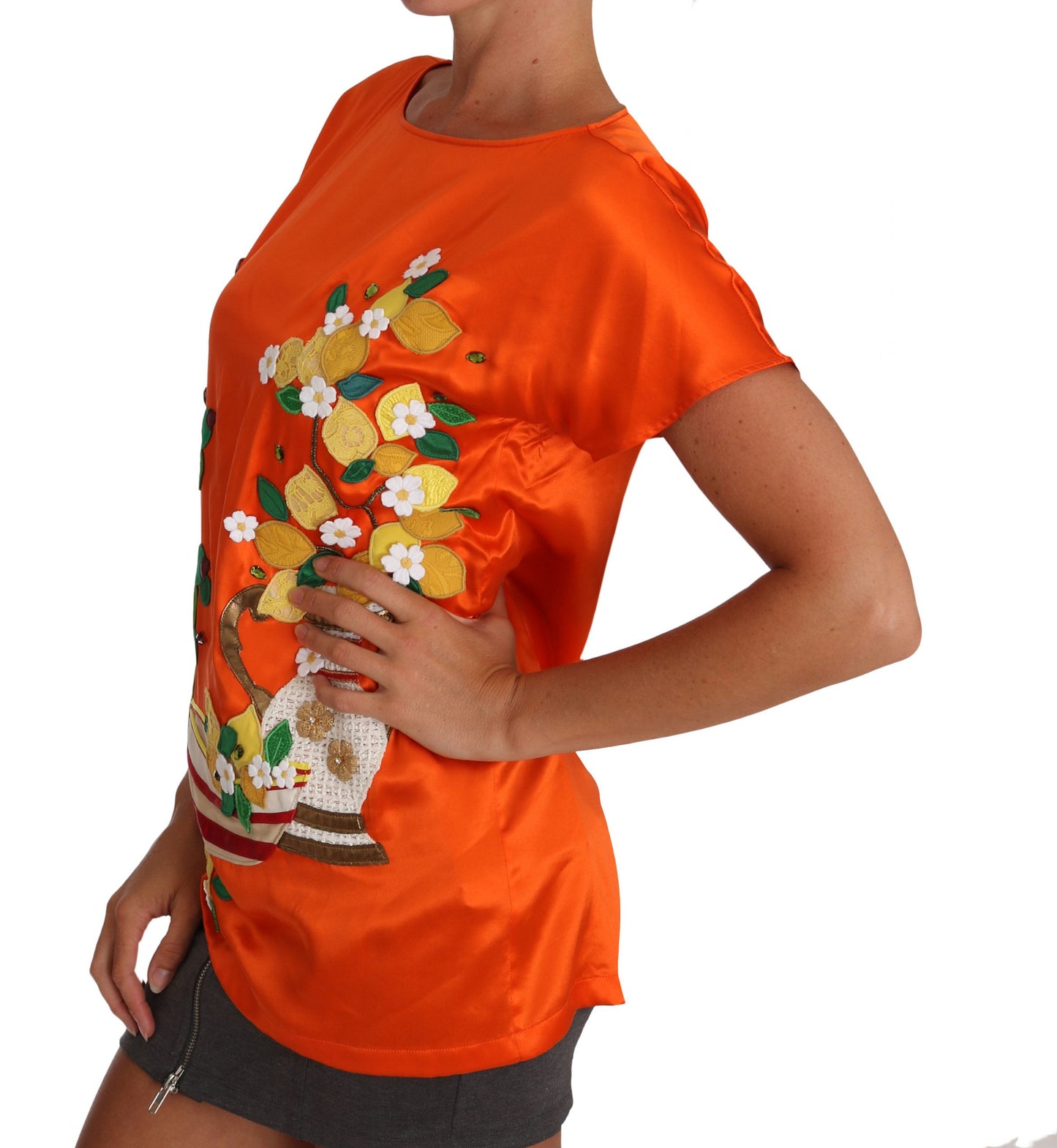 Dolce &amp; Gabbana T-shirt in seta arancione e limone con cristalli