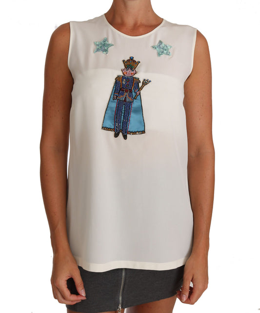 T-shirt Dolce &amp; Gabbana in seta bianca con paillettes e cristalli