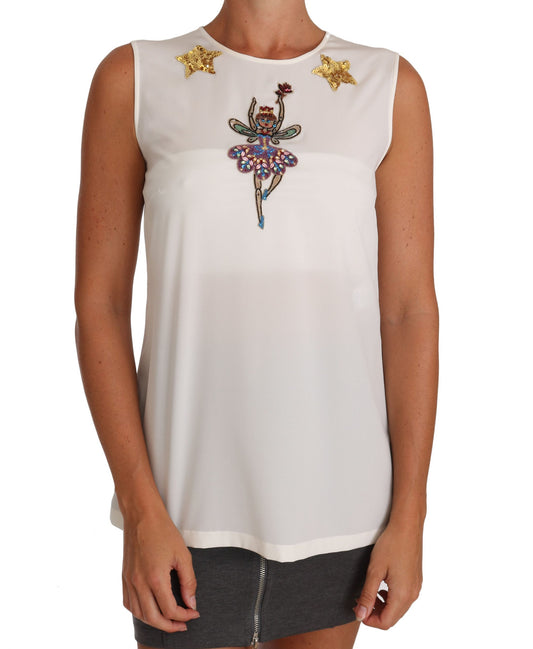 Dolce &amp; Gabbana Top da fata in seta bianca con paillettes di cristallo