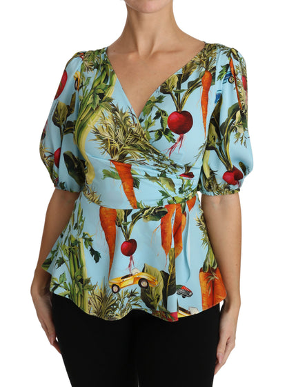 Dolce &amp; Gabbana Blusa in seta con stampa vegetale multicolore e peplo