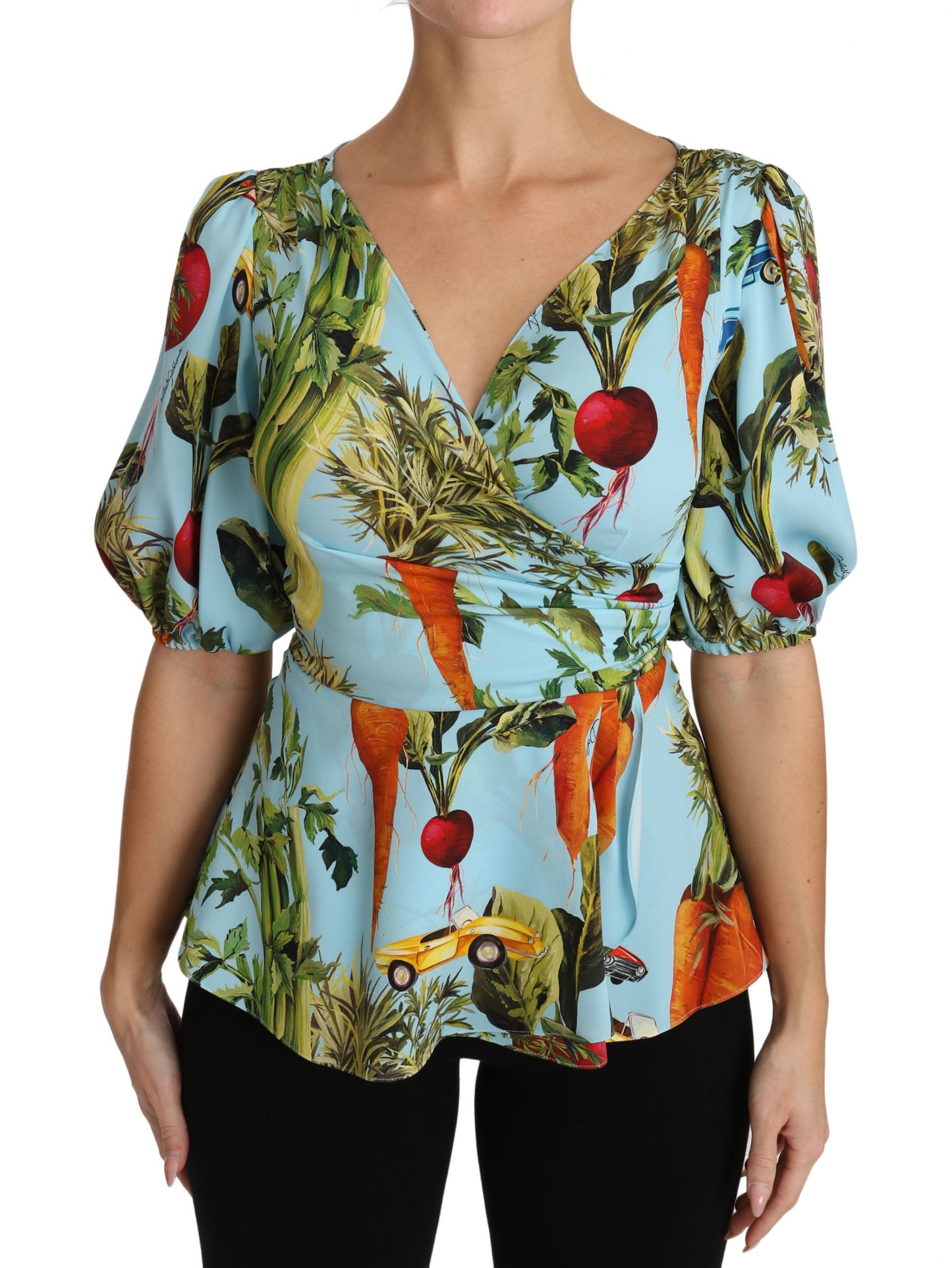 Dolce &amp; Gabbana Blusa in seta con stampa vegetale multicolore e peplo