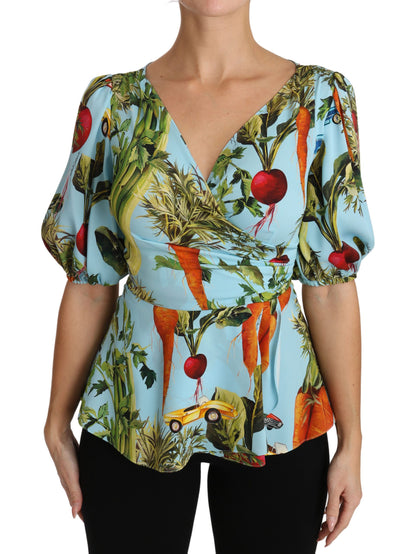Dolce &amp; Gabbana Blusa in seta con stampa vegetale multicolore e peplo