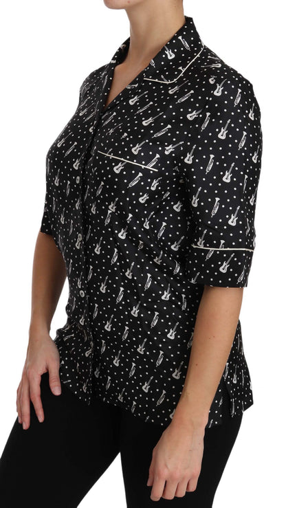 Dolce &amp; Gabbana Camicia in seta nera con stampa chitarra e tromba