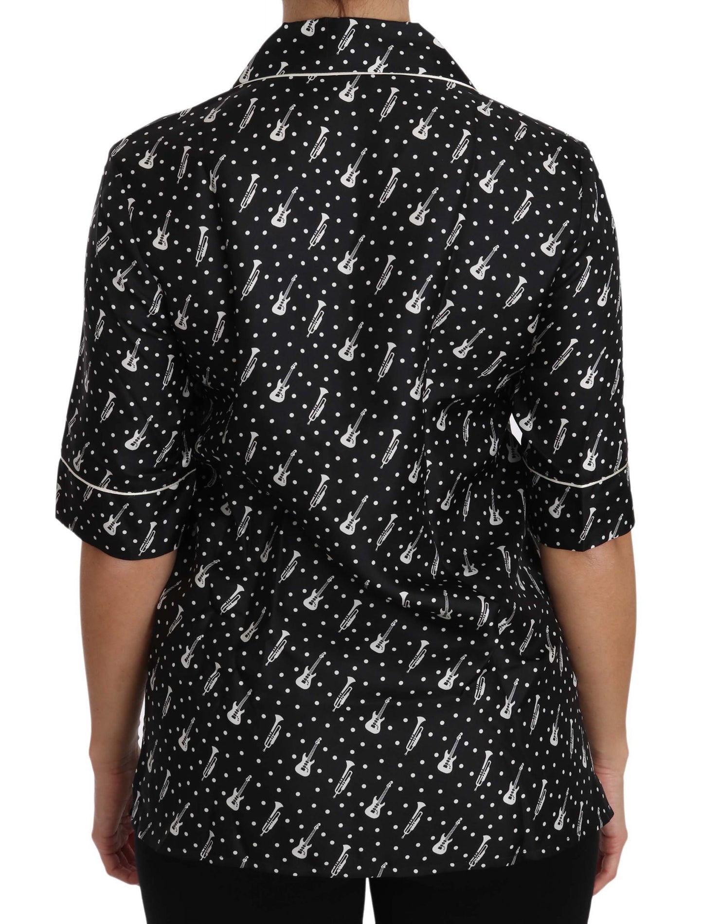 Dolce &amp; Gabbana Camicia in seta nera con stampa chitarra e tromba