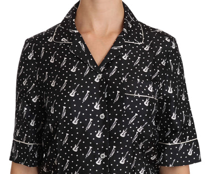 Dolce &amp; Gabbana Camicia in seta nera con stampa chitarra e tromba