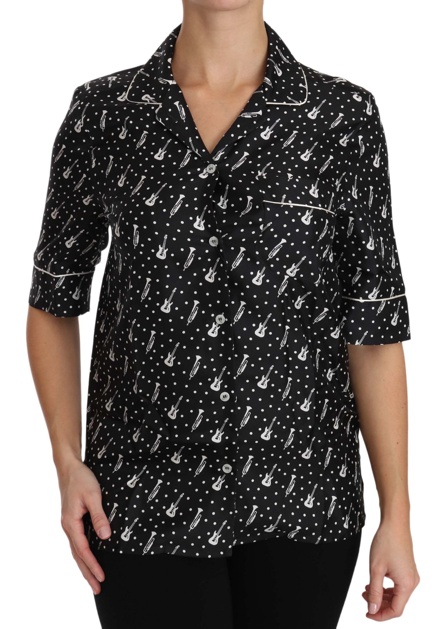 Dolce &amp; Gabbana Camicia in seta nera con stampa chitarra e tromba