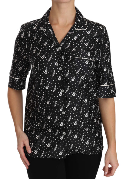 Dolce &amp; Gabbana Camicia in seta nera con stampa chitarra e tromba