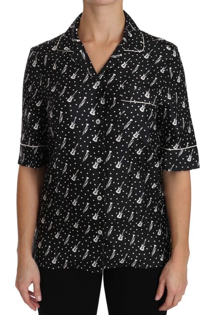 Dolce &amp; Gabbana Camicia in seta nera con stampa chitarra e tromba