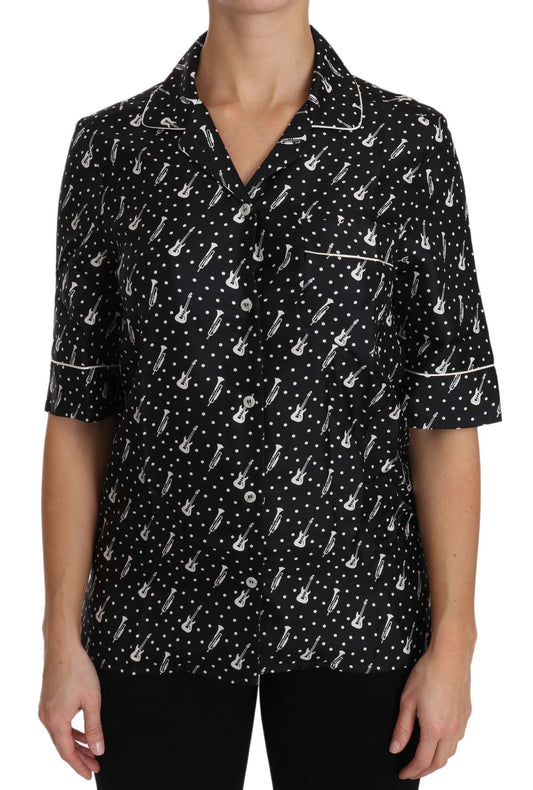 Dolce &amp; Gabbana Camicia in seta nera con stampa chitarra e tromba