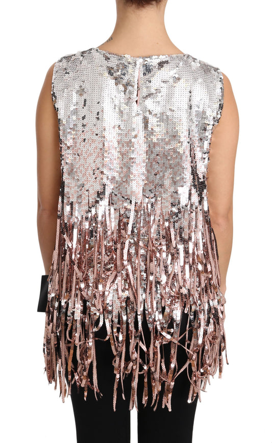 Canotta con frange in paillettes rosa dorato Dolce &amp; Gabbana