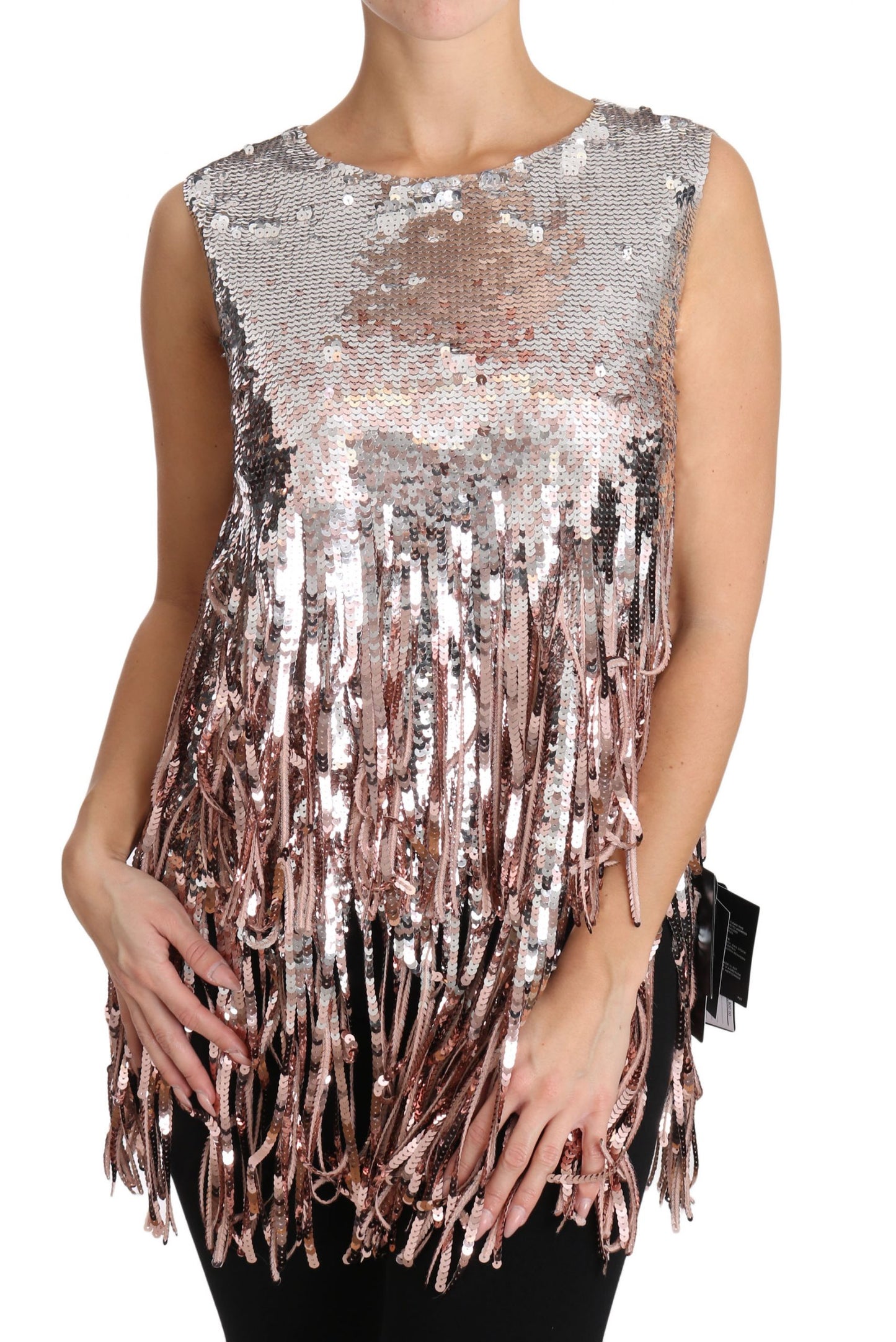 Canotta con frange in paillettes rosa dorato Dolce &amp; Gabbana