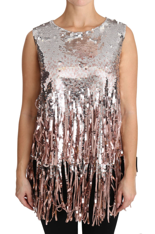 Canotta con frange in paillettes rosa dorato Dolce &amp; Gabbana