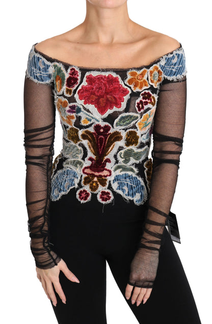 Dolce &amp; Gabbana Top T-shirt con ricamo floreale nero