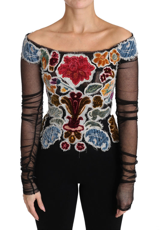 Dolce &amp; Gabbana Top T-shirt con ricamo floreale nero