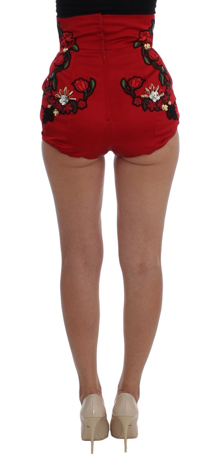 Shorts in seta rossa con rose di cristallo Dolce &amp; Gabbana 