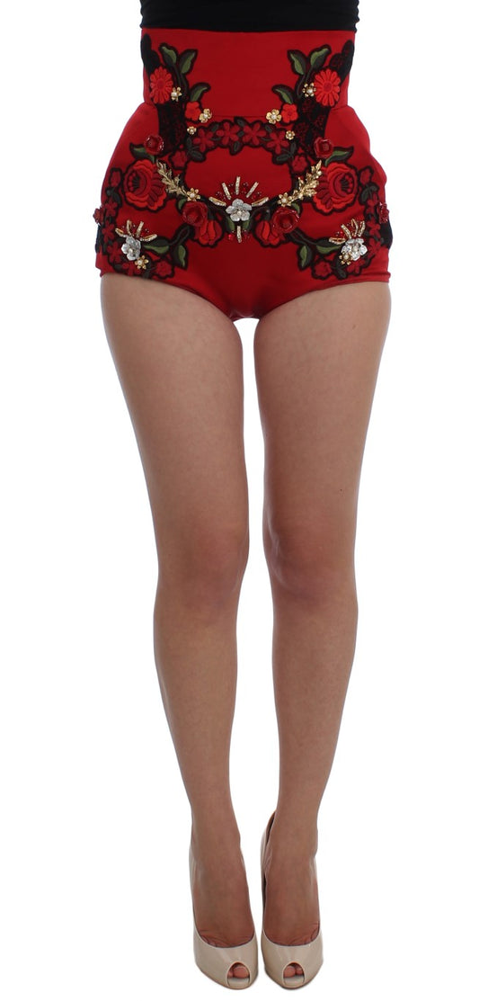 Shorts in seta rossa con rose di cristallo Dolce &amp; Gabbana 