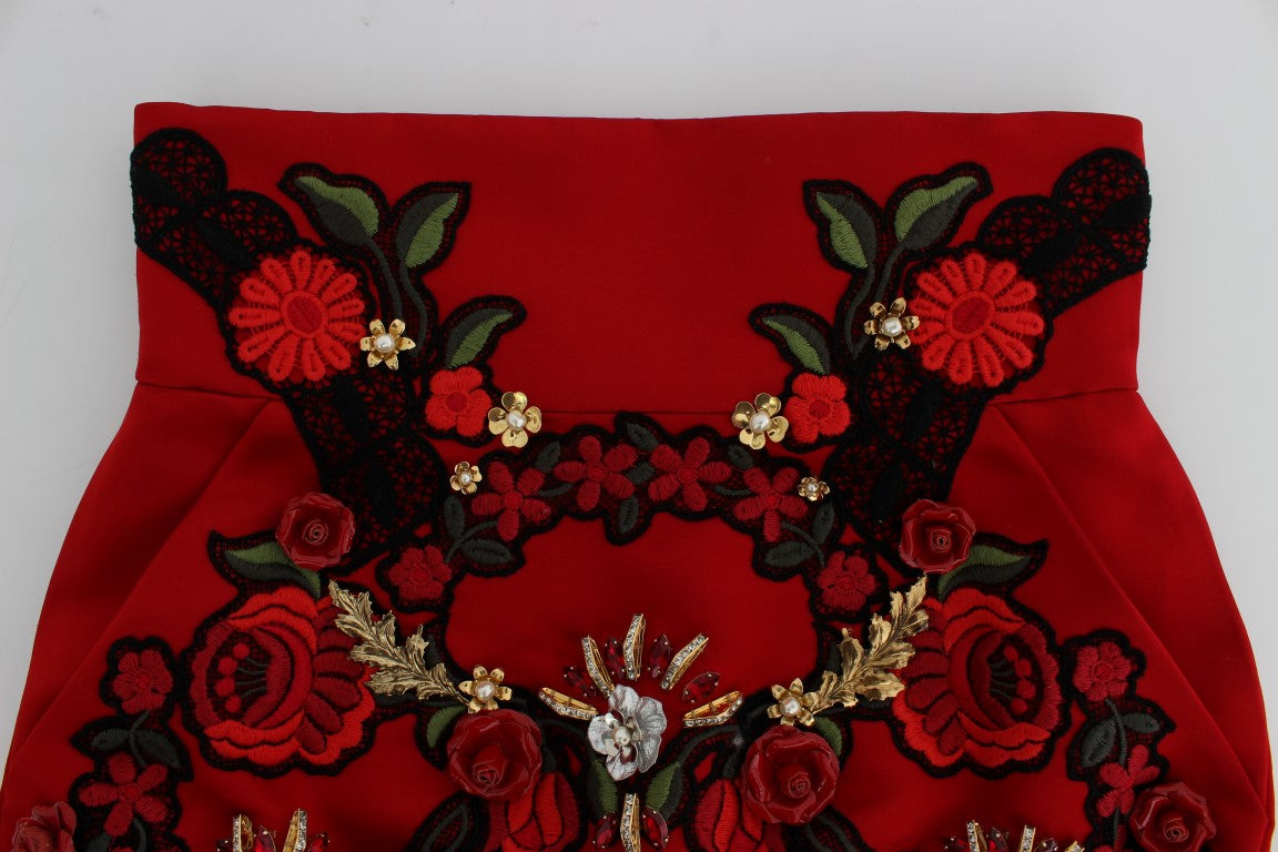 Shorts in seta rossa con rose di cristallo Dolce &amp; Gabbana 