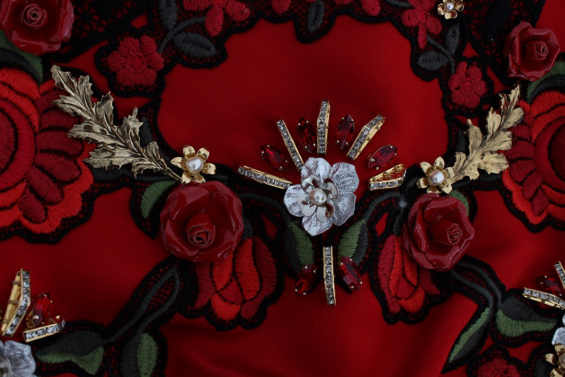 Shorts in seta rossa con rose di cristallo Dolce &amp; Gabbana 