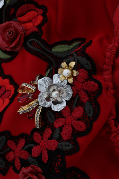 Shorts in seta rossa con rose di cristallo Dolce &amp; Gabbana 