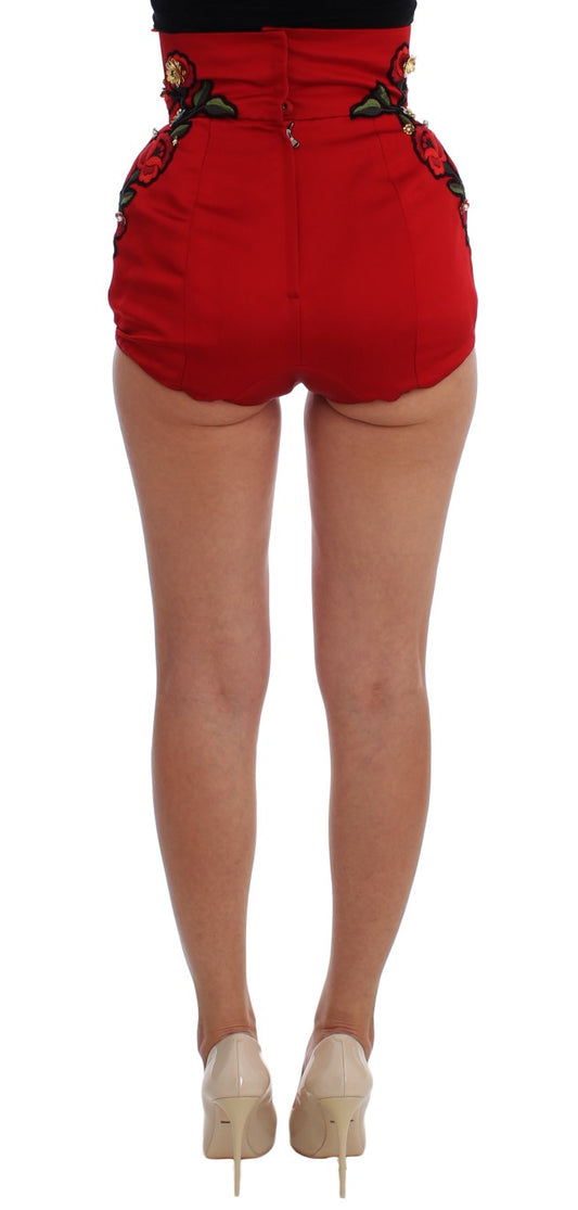 Shorts in seta rossa con rose di cristallo Dolce &amp; Gabbana 