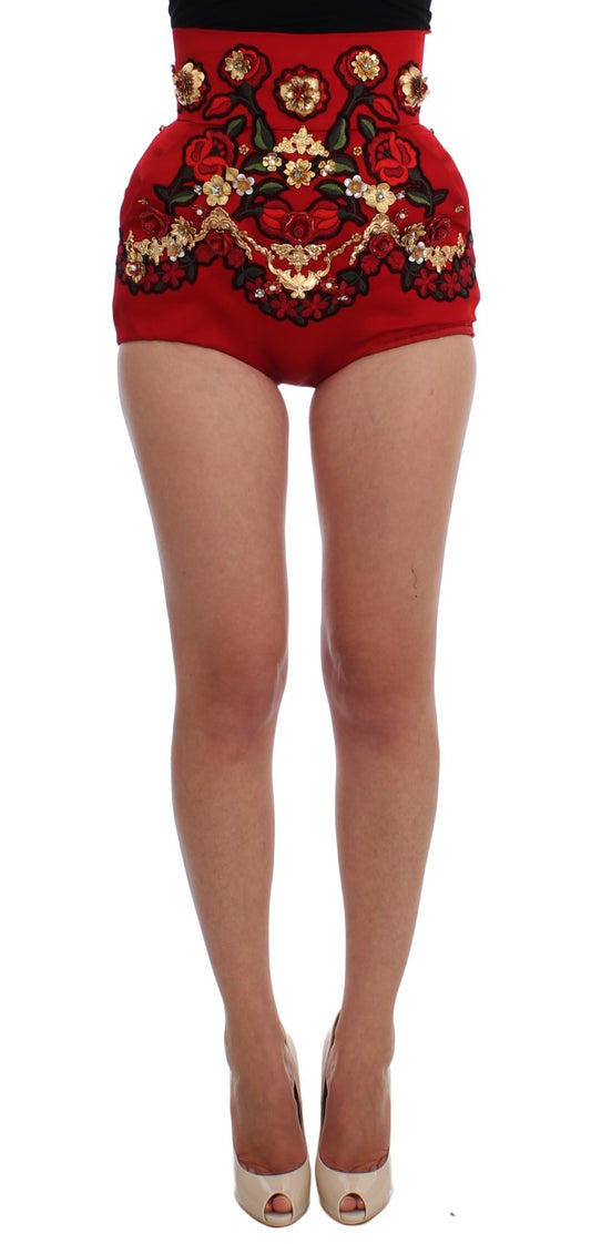 Shorts in seta rossa con rose di cristallo Dolce &amp; Gabbana 