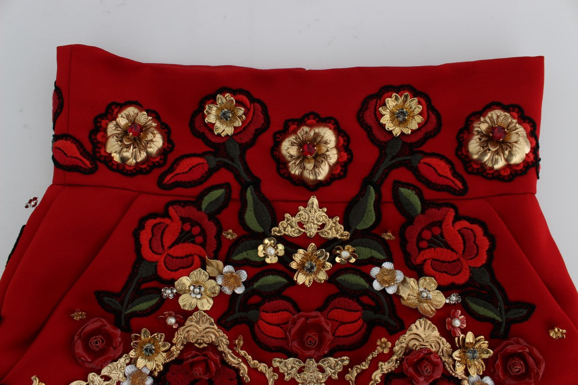 Shorts in seta rossa con rose di cristallo Dolce &amp; Gabbana 