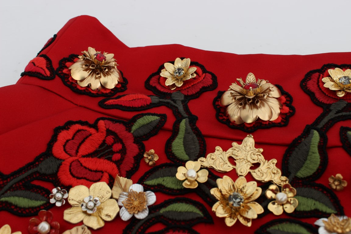 Shorts in seta rossa con rose di cristallo Dolce &amp; Gabbana 