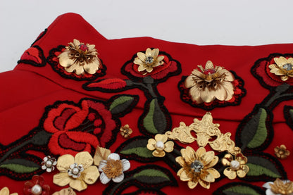 Shorts in seta rossa con rose di cristallo Dolce &amp; Gabbana 
