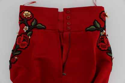 Shorts in seta rossa con rose di cristallo Dolce &amp; Gabbana 