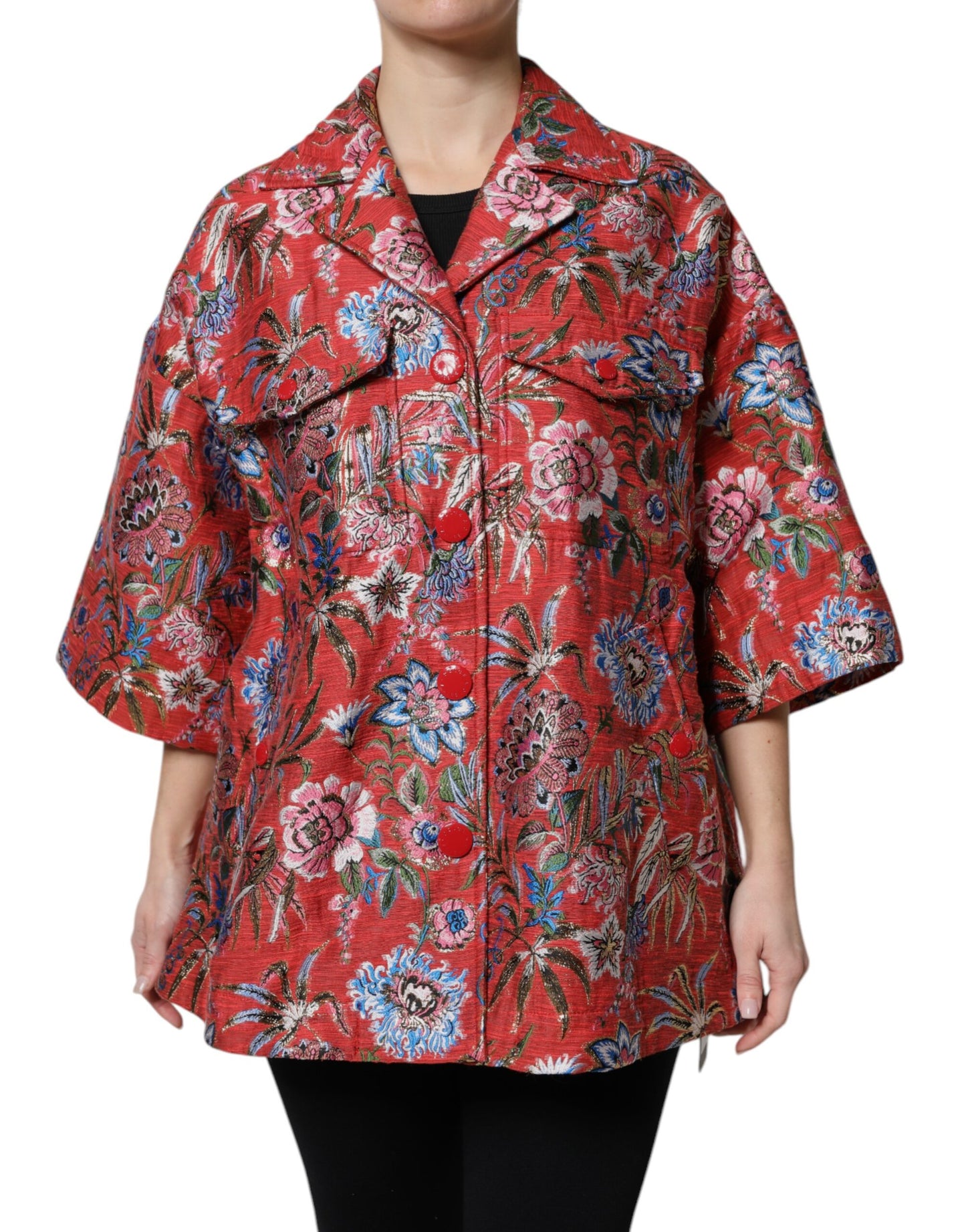 Giacca cappotto con bottoni in jacquard floreale rosso Dolce &amp; Gabbana