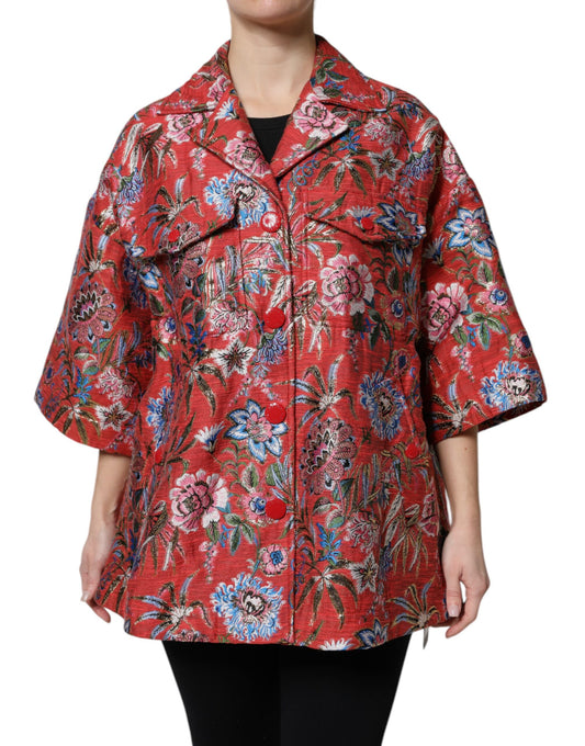 Giacca cappotto con bottoni in jacquard floreale rosso Dolce &amp; Gabbana