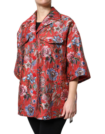 Giacca cappotto con bottoni in jacquard floreale rosso Dolce &amp; Gabbana
