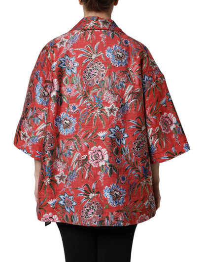 Giacca cappotto con bottoni in jacquard floreale rosso Dolce &amp; Gabbana