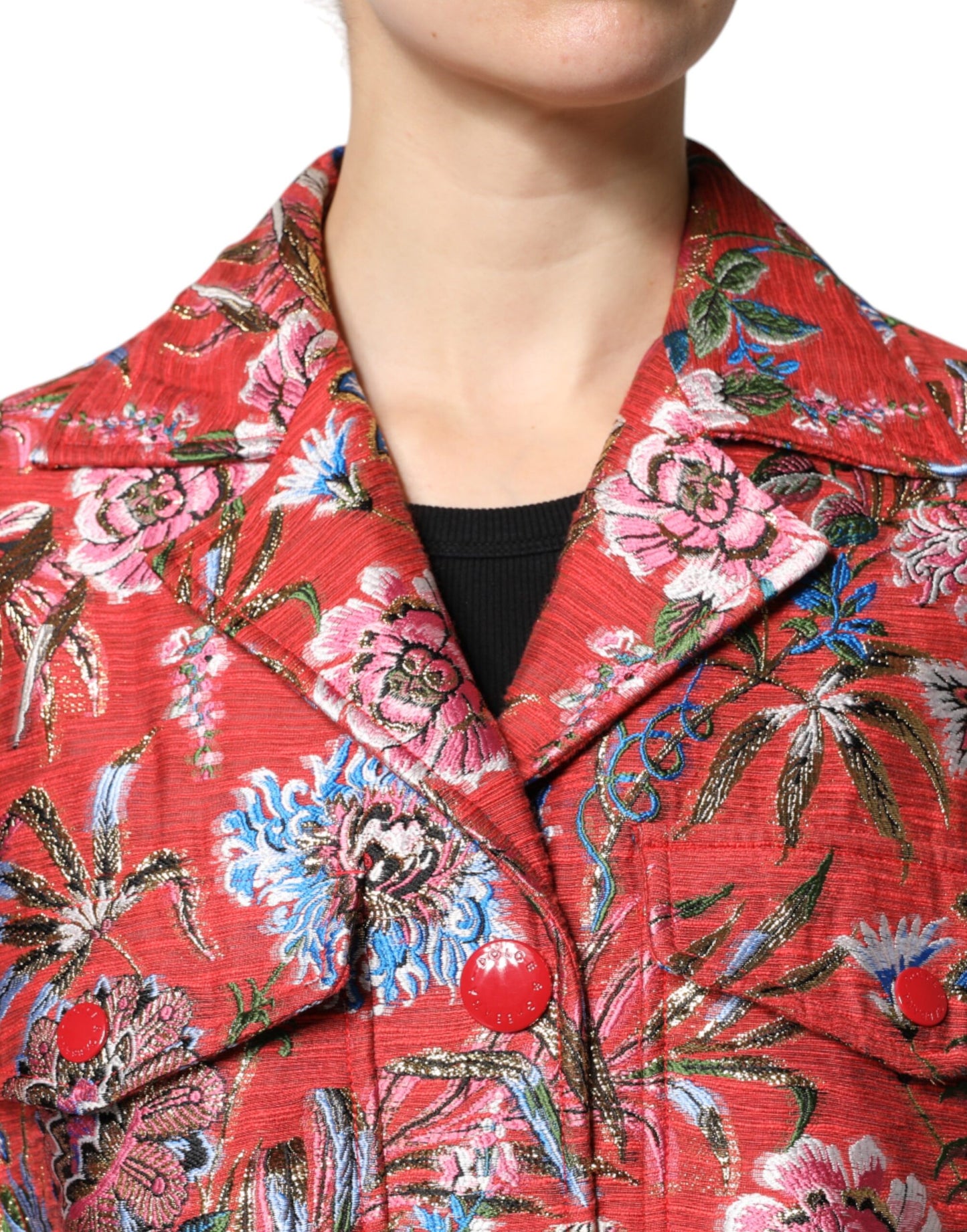 Giacca cappotto con bottoni in jacquard floreale rosso Dolce &amp; Gabbana