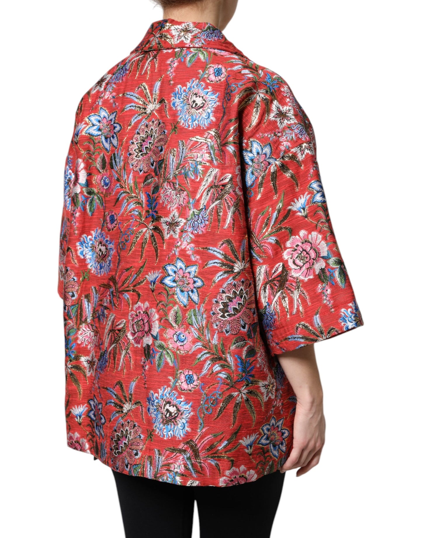 Giacca cappotto con bottoni in jacquard floreale rosso Dolce &amp; Gabbana