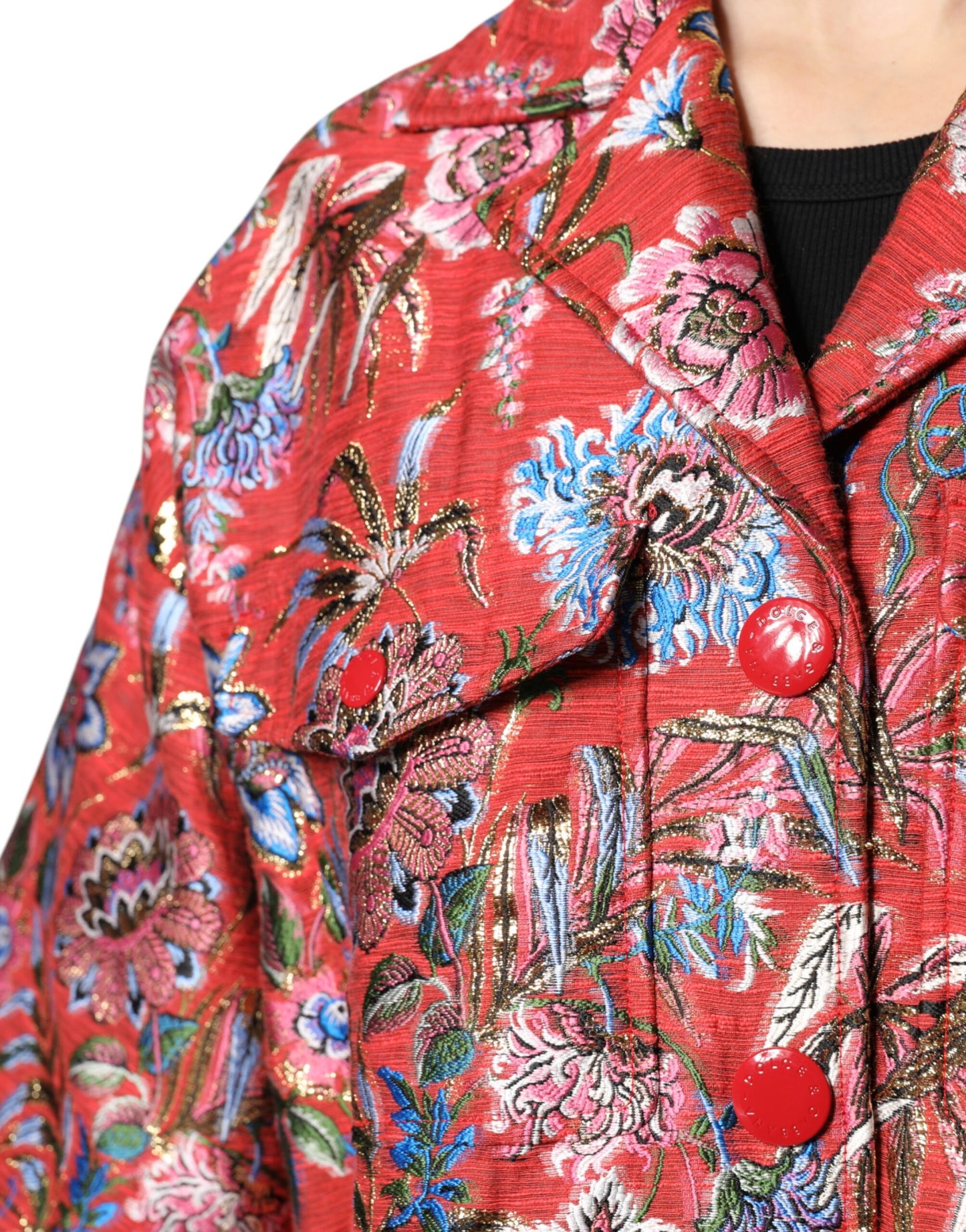 Giacca cappotto con bottoni in jacquard floreale rosso Dolce &amp; Gabbana